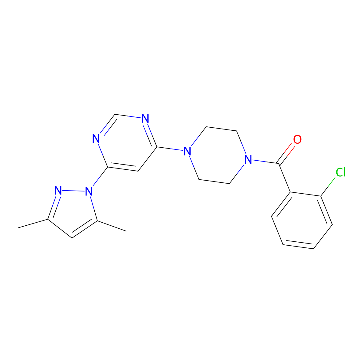 (2-chlorophenyl)(4-(6-(3,5-dimethyl-1H-pyrazol-1-yl)pyrimidin-4-yl)piperazin-1-yl)methanone molecular structure, CAS 1170472-61-3