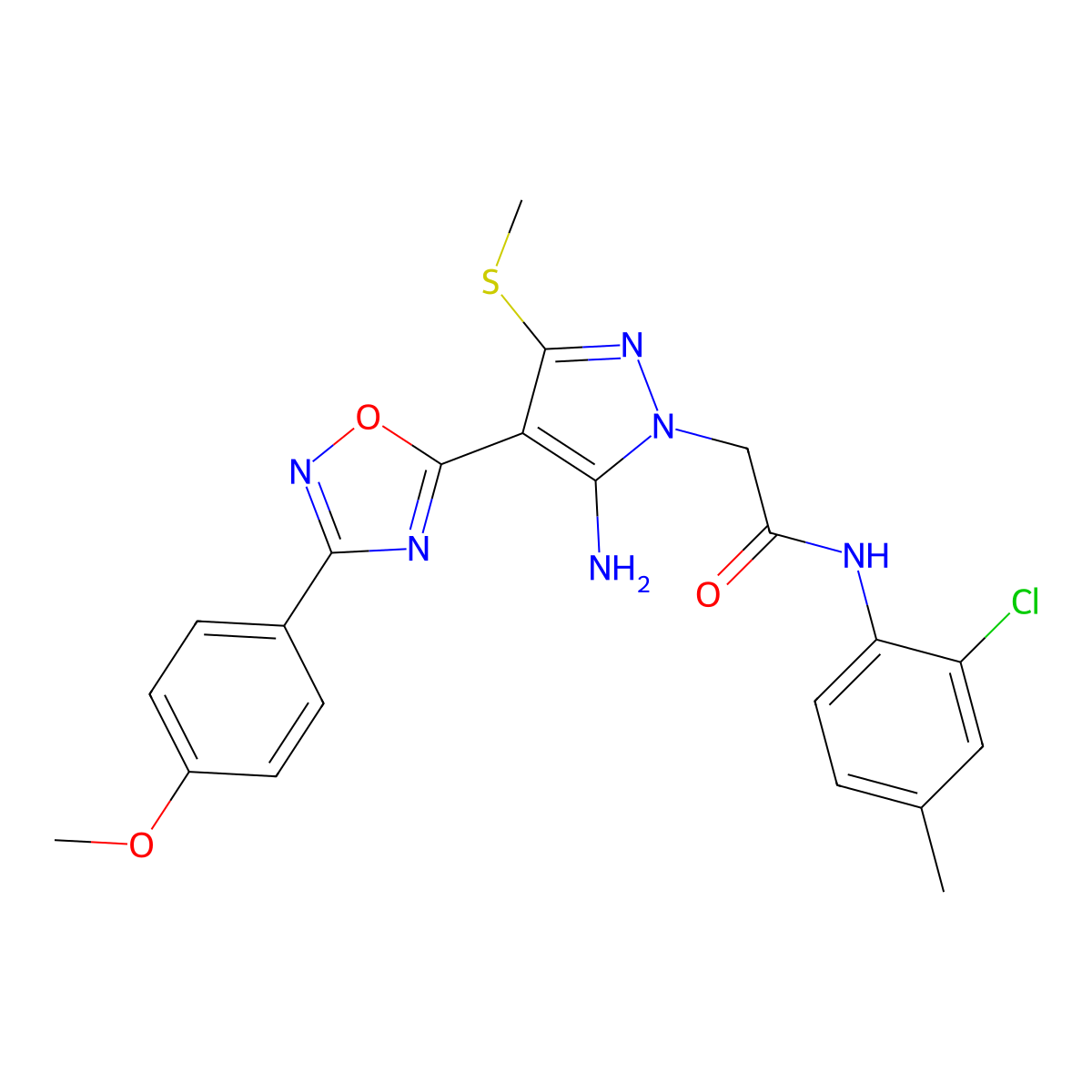 2-{5-amino-4-[3-(4-methoxyphenyl)-1,2,4-oxadiazol-5-yl]-3-(methylsulfanyl)-1H-pyrazol-1-yl}-N-(2-chloro-4-methylphenyl)acetamide molecular structure, CAS 1170476-37-5