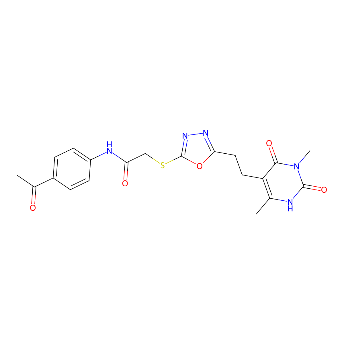 N-(4-acetylphenyl)-2-((5-(2-(3,6-dimethyl-2,4-dioxo-1,2,3,4-tetrahydropyrimidin-5-yl)ethyl)-1,3,4-oxadiazol-2-yl)thio)acetamide molecular structure, CAS 1170476-71-7