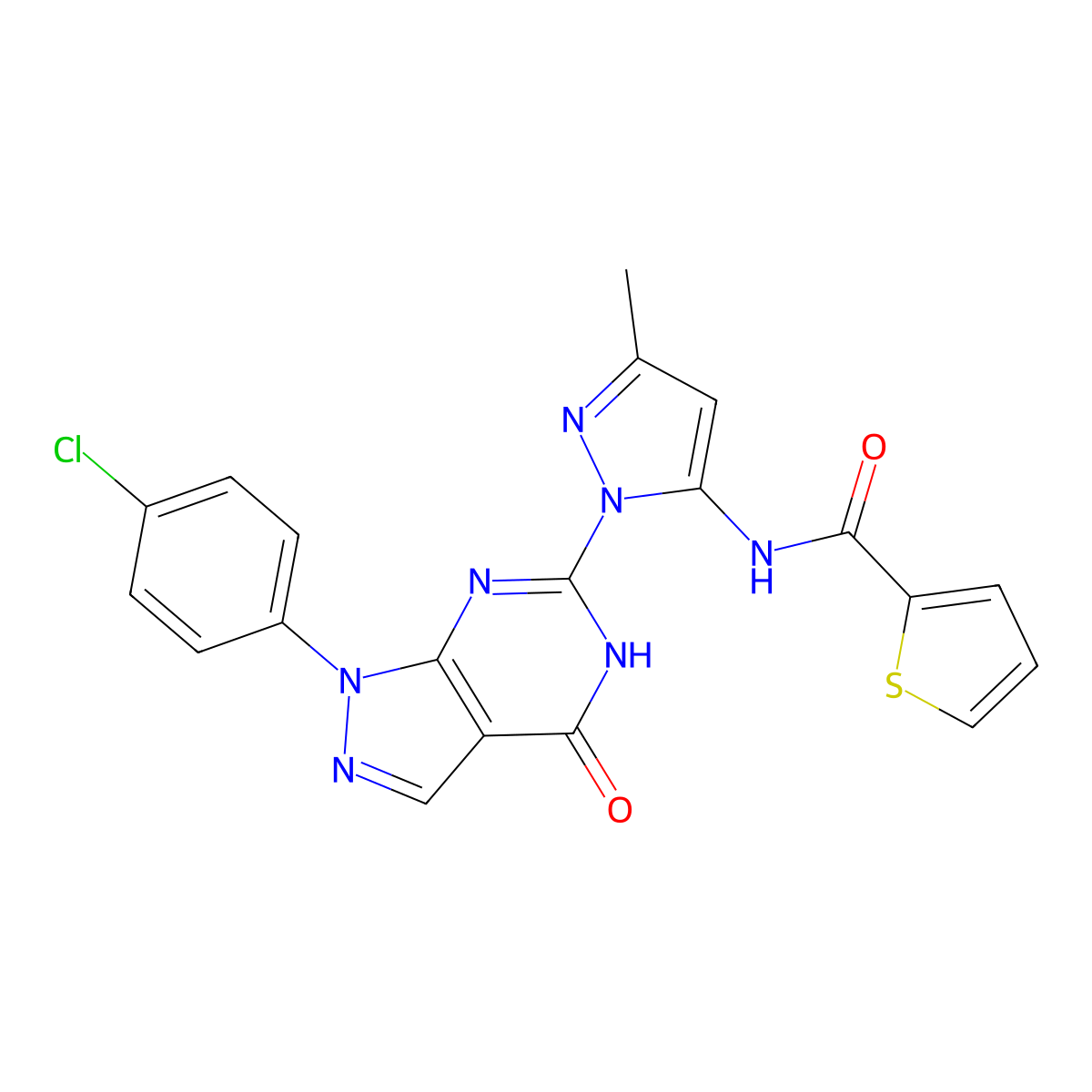 N-(1-(1-(4-chlorophenyl)-4-oxo-4,5-dihydro-1H-pyrazolo[3,4-d]pyrimidin-6-yl)-3-methyl-1H-pyrazol-5-yl)thiophene-2-carboxamide molecular structure, CAS 1170477-57-2