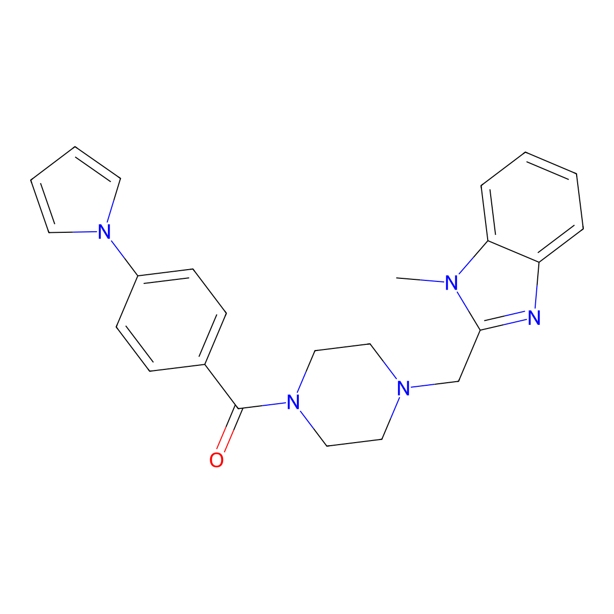 (4-(1H-pyrrol-1-yl)phenyl)(4-((1-methyl-1H-benzo[d]imidazol-2-yl)methyl)piperazin-1-yl)methanone molecular structure, CAS 1170479-77-2
