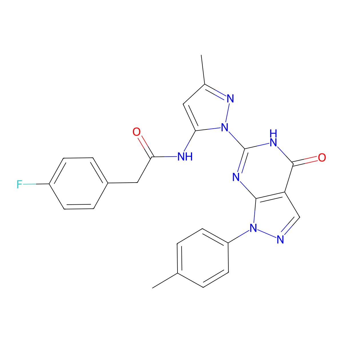 2-(4-fluorophenyl)-N-(3-methyl-1-(4-oxo-1-(p-tolyl)-4,5-dihydro-1H-pyrazolo[3,4-d]pyrimidin-6-yl)-1H-pyrazol-5-yl)acetamide molecular structure, CAS 1170481-84-1