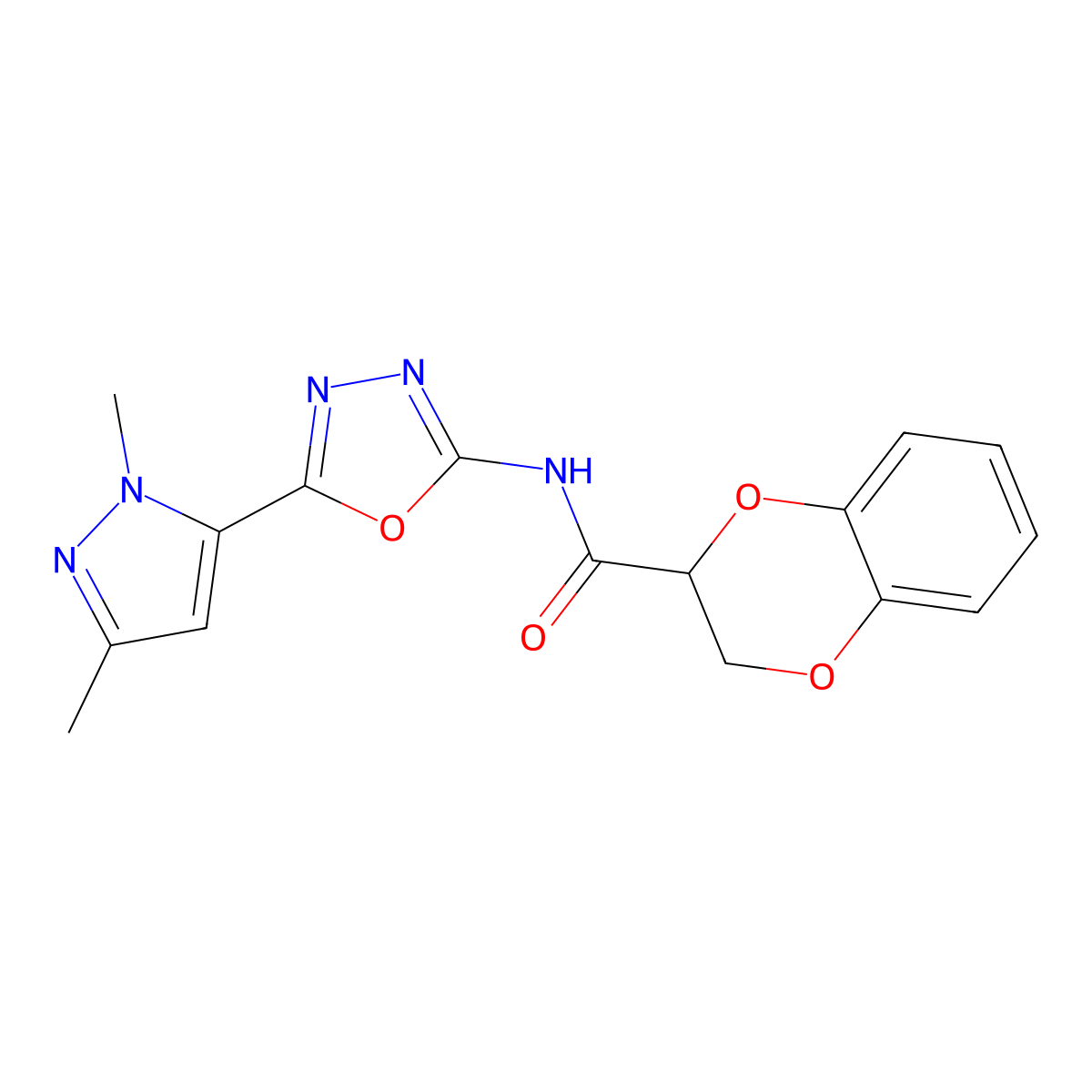 N-(5-(1,3-dimethyl-1H-pyrazol-5-yl)-1,3,4-oxadiazol-2-yl)-2,3-dihydrobenzo[b][1,4]dioxine-2-carboxamide molecular structure, CAS 1170483-56-3
