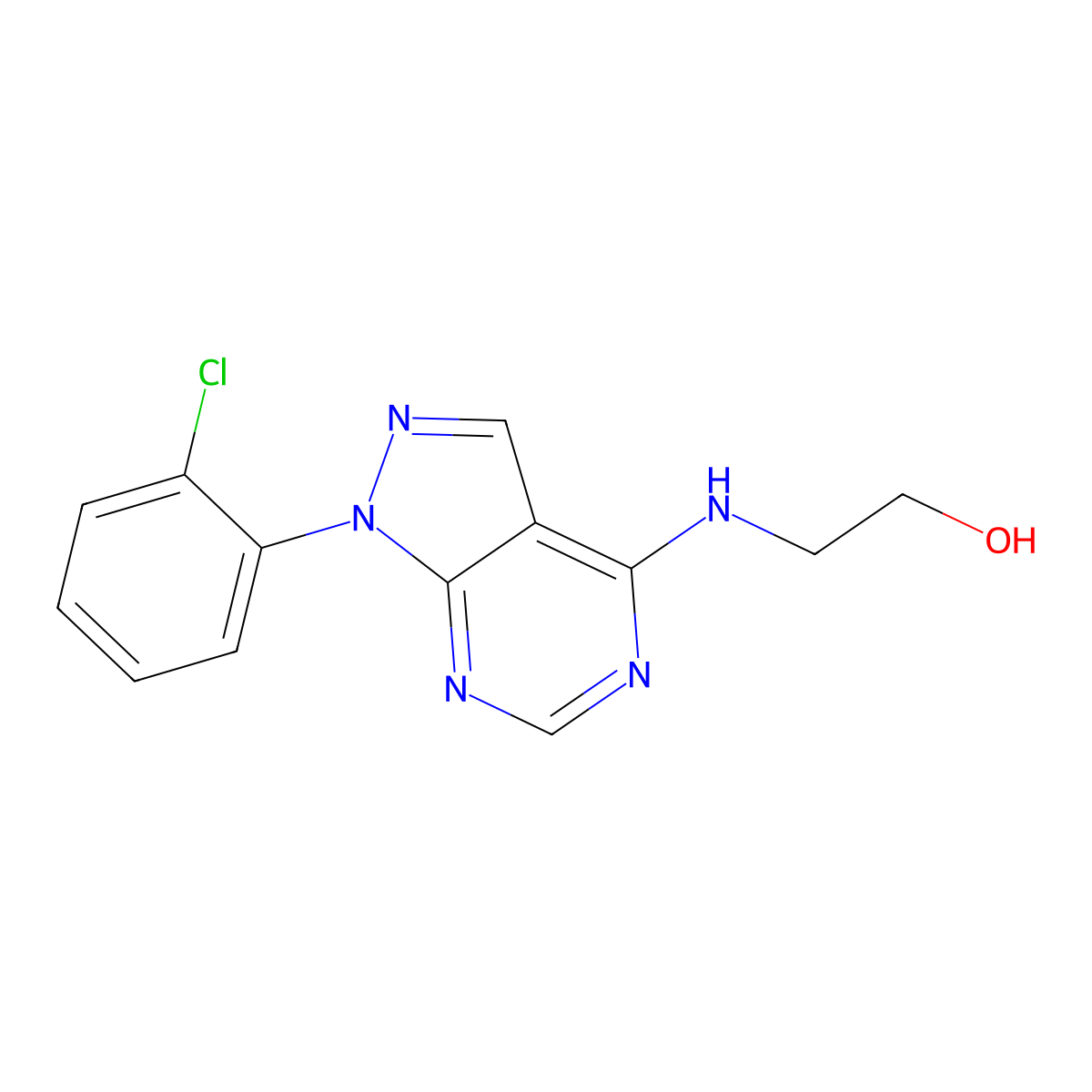 2-((1-(2-chlorophenyl)-1H-pyrazolo[3,4-d]pyrimidin-4-yl)amino)ethanol molecular structure, CAS 1170483-64-3