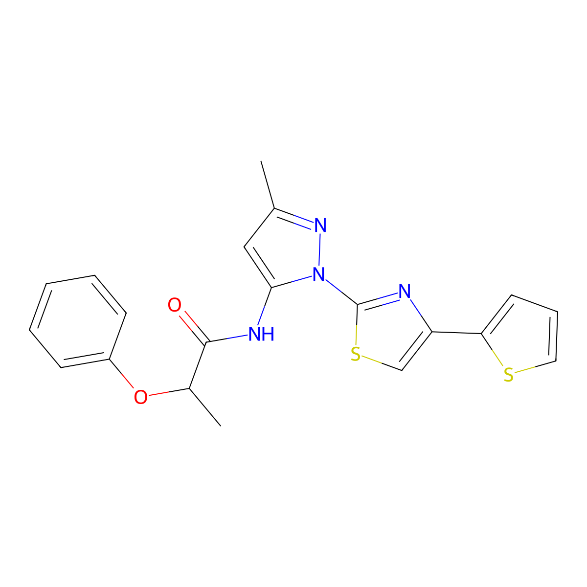 N-(3-methyl-1-(4-(thiophen-2-yl)thiazol-2-yl)-1H-pyrazol-5-yl)-2-phenoxypropanamide molecular structure, CAS 1170484-47-5