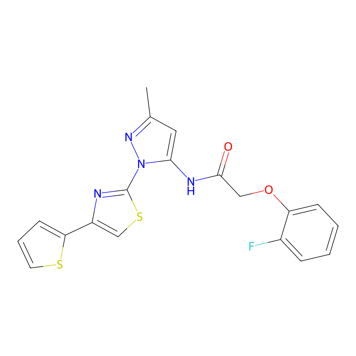 2-(2-fluorophenoxy)-N-(3-methyl-1-(4-(thiophen-2-yl)thiazol-2-yl)-1H-pyrazol-5-yl)acetamide molecular structure, CAS 1170484-77-1