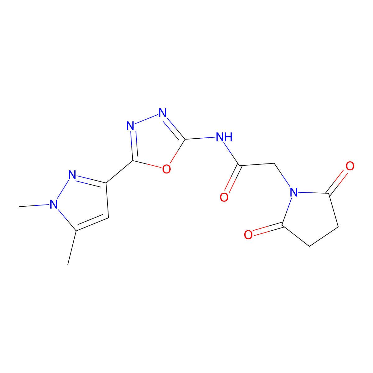 N-[5-(1,5-dimethyl-1H-pyrazol-3-yl)-1,3,4-oxadiazol-2-yl]-2-(2,5-dioxopyrrolidin-1-yl)acetamide molecular structure, CAS 1170485-17-2