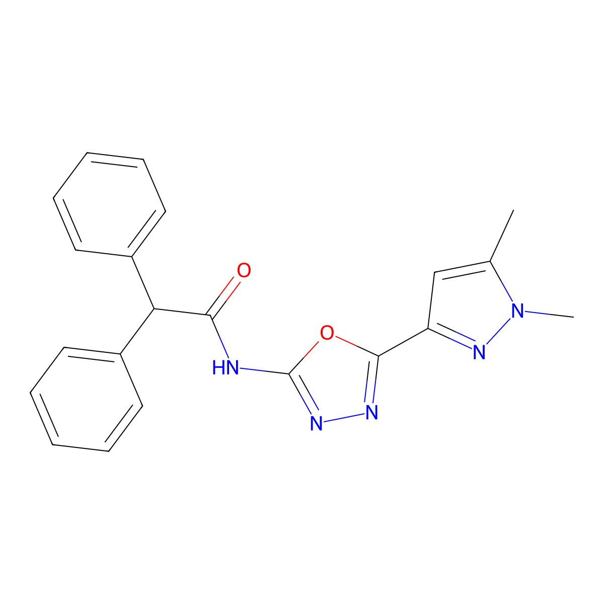 N-[5-(1,5-dimethyl-1H-pyrazol-3-yl)-1,3,4-oxadiazol-2-yl]-2,2-diphenylacetamide molecular structure, CAS 1170486-29-9