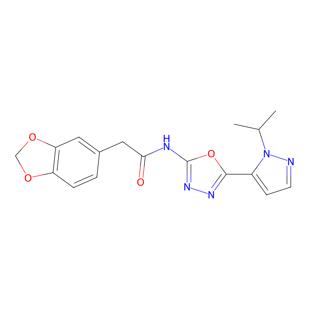 2-(benzo[d][1,3]dioxol-5-yl)-N-(5-(1-isopropyl-1H-pyrazol-5-yl)-1,3,4-oxadiazol-2-yl)acetamide molecular structure, CAS 1170491-56-1