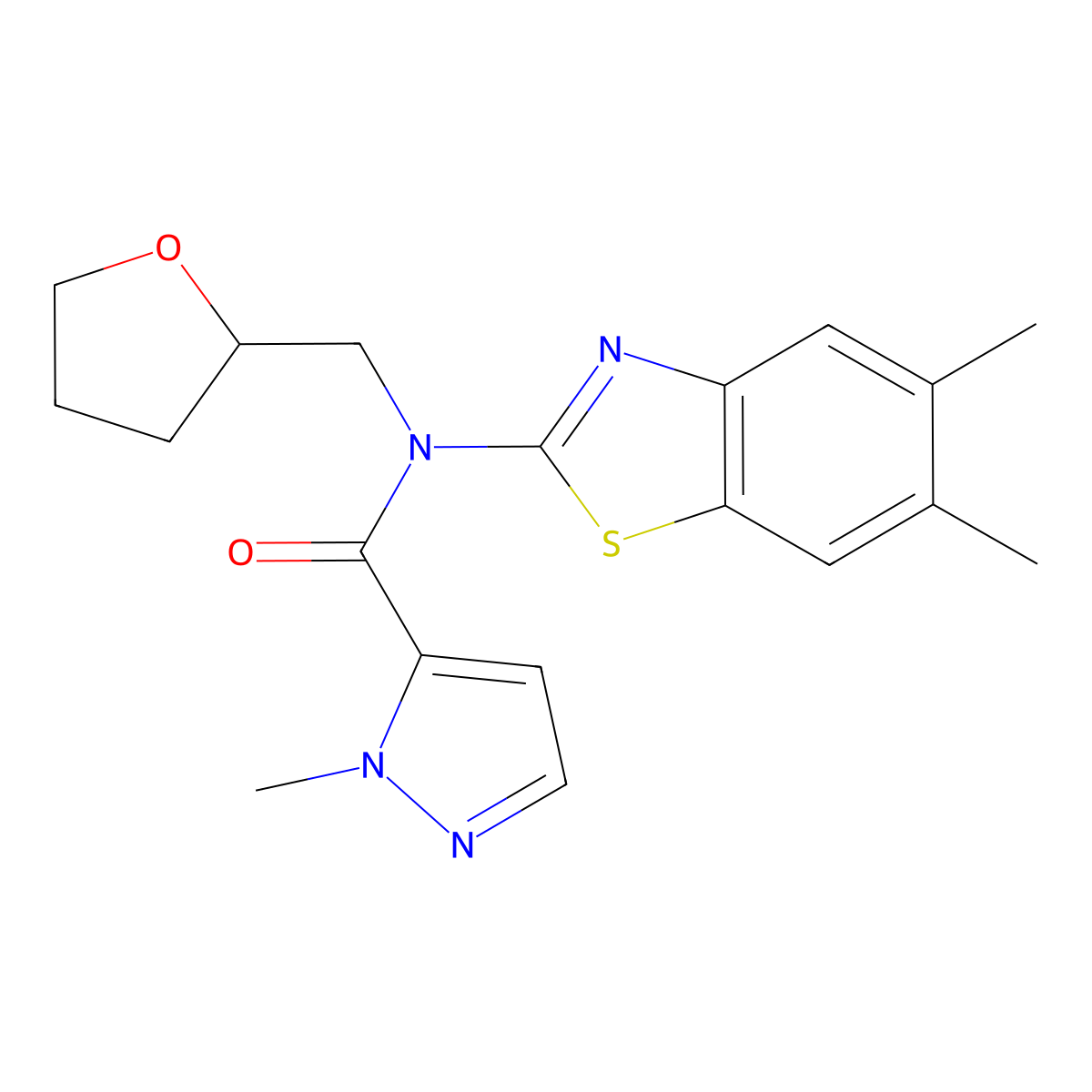N-(5,6-dimethyl-1,3-benzothiazol-2-yl)-1-methyl-N-[(oxolan-2-yl)methyl]-1H-pyrazole-5-carboxamide molecular structure, CAS 1170494-86-6