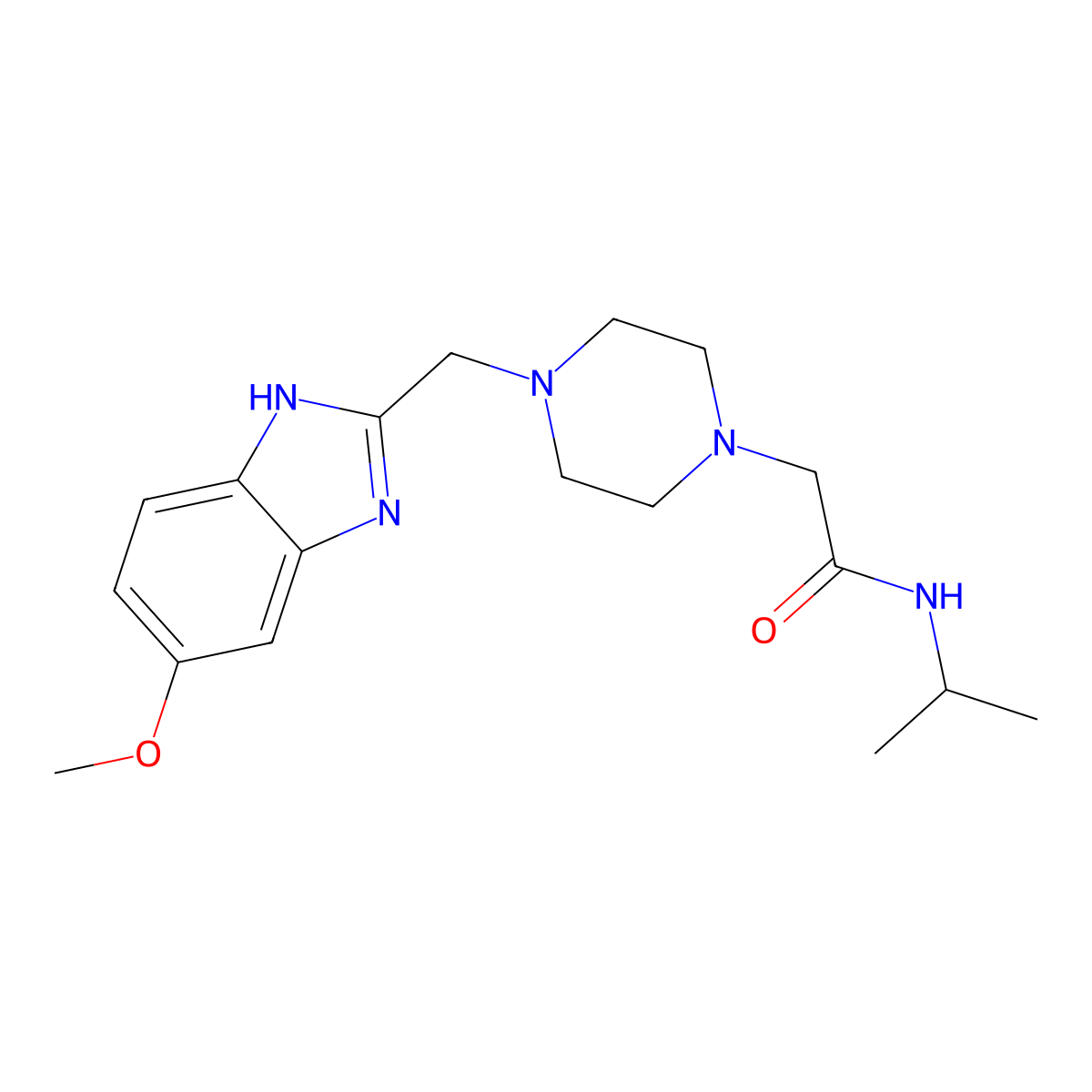 N-isopropyl-2-(4-((5-methoxy-1H-benzo[d]imidazol-2-yl)methyl)piperazin-1-yl)acetamide molecular structure, CAS 1170495-36-9