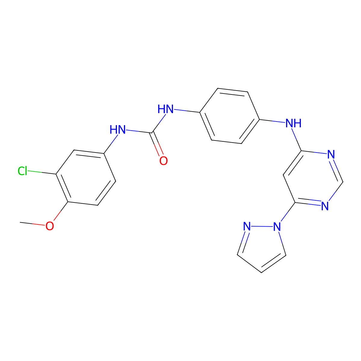 1-(4-((6-(1H-pyrazol-1-yl)pyrimidin-4-yl)amino)phenyl)-3-(3-chloro-4-methoxyphenyl)urea molecular structure, CAS 1170495-83-6