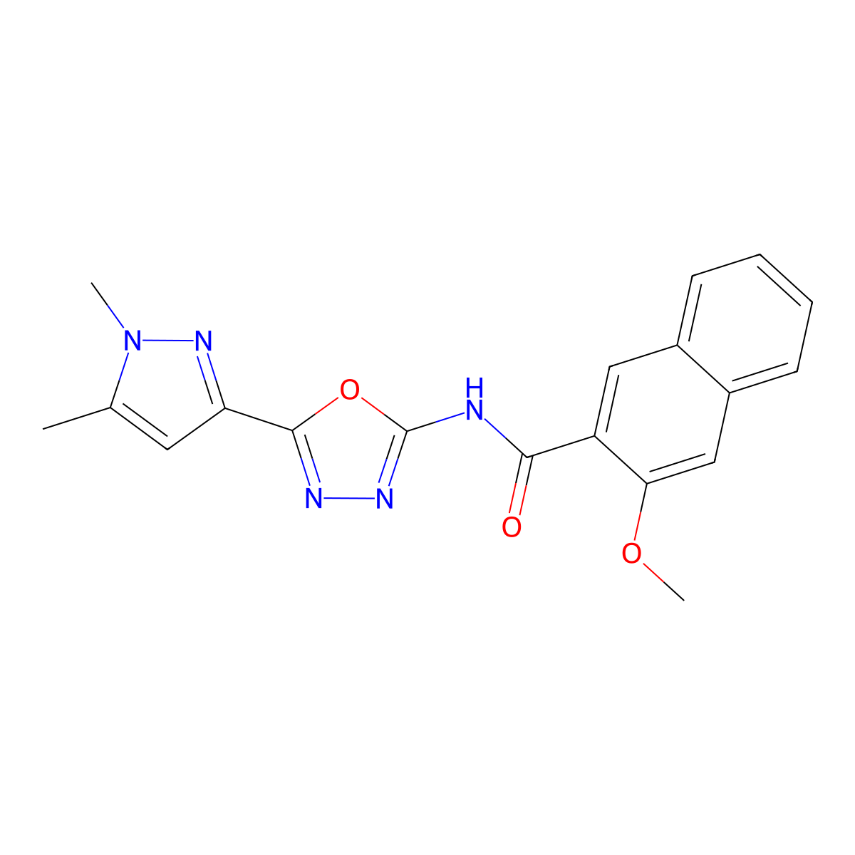 N-(5-(1,5-dimethyl-1H-pyrazol-3-yl)-1,3,4-oxadiazol-2-yl)-3-methoxy-2-naphthamide molecular structure, CAS 1170496-80-6