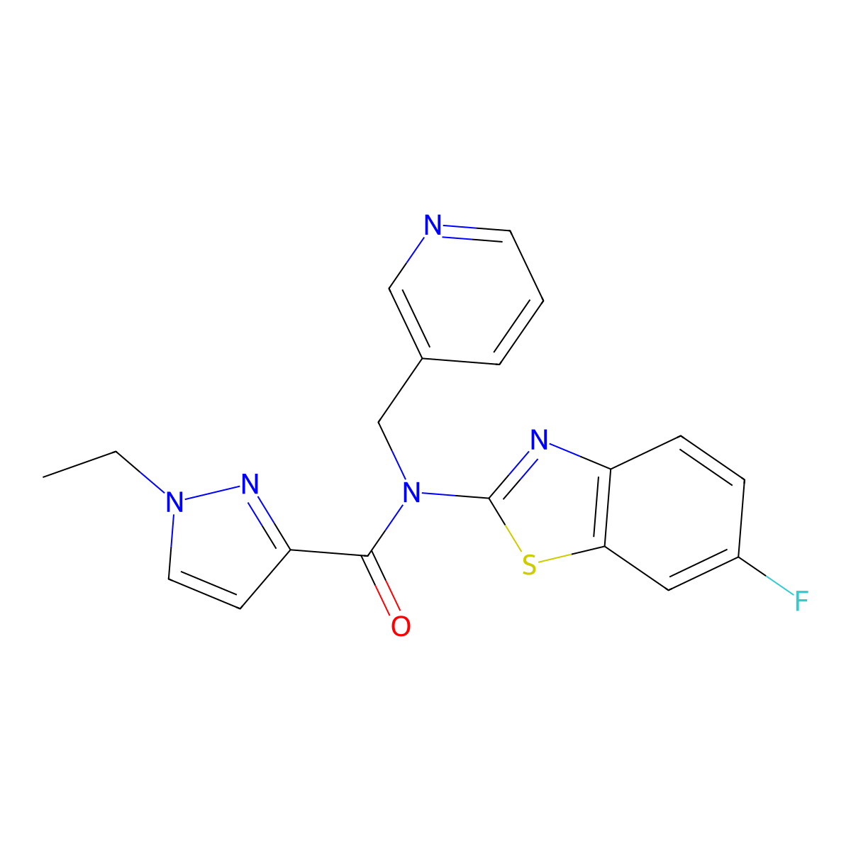 1-ethyl-N-(6-fluoro-1,3-benzothiazol-2-yl)-N-[(pyridin-3-yl)methyl]-1H-pyrazole-3-carboxamide molecular structure, CAS 1170499-20-3