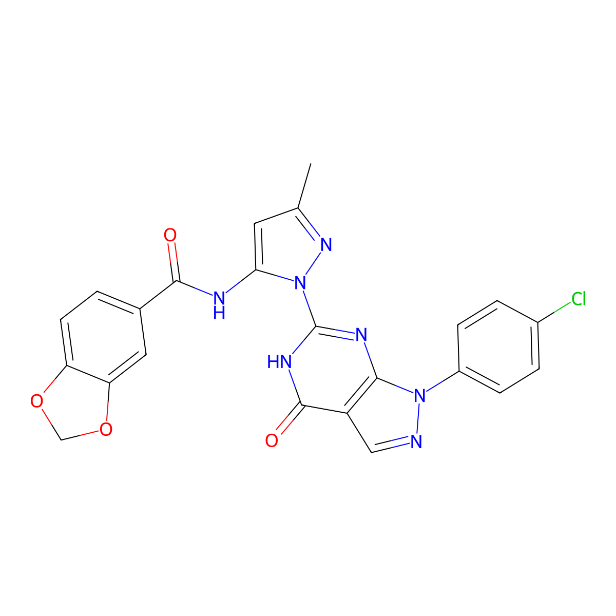 N-(1-(1-(4-chlorophenyl)-4-oxo-4,5-dihydro-1H-pyrazolo[3,4-d]pyrimidin-6-yl)-3-methyl-1H-pyrazol-5-yl)benzo[d][1,3]dioxole-5-carboxamide molecular structure, CAS 1170500-05-6