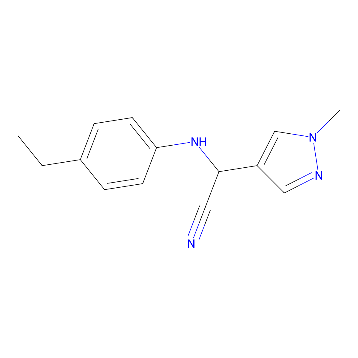 2-((4-Ethylphenyl)amino)-2-(1-methyl-1H-pyrazol-4-yl)acetonitrile molecular structure, CAS 1170500-39-6