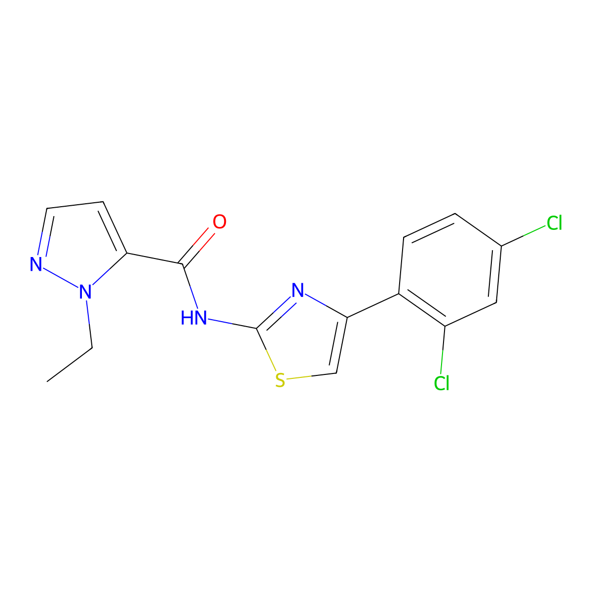 N-(4-(2,4-dichlorophenyl)thiazol-2-yl)-1-ethyl-1H-pyrazole-5-carboxamide molecular structure, CAS 1170501-16-2