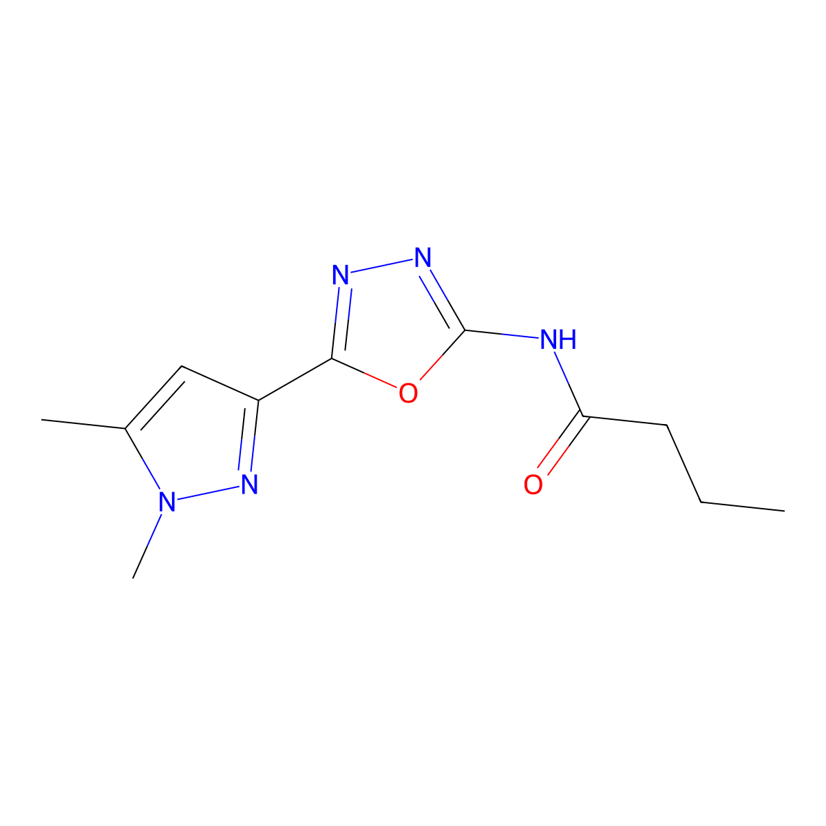 N-(5-(1,5-dimethyl-1H-pyrazol-3-yl)-1,3,4-oxadiazol-2-yl)butyramide molecular structure, CAS 1170501-59-3