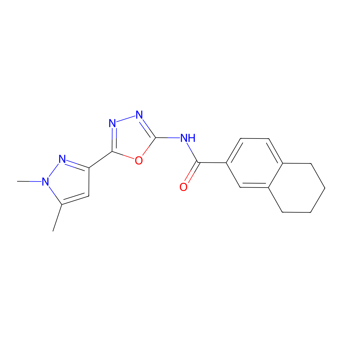 N-(5-(1,5-dimethyl-1H-pyrazol-3-yl)-1,3,4-oxadiazol-2-yl)-5,6,7,8-tetrahydronaphthalene-2-carboxamide molecular structure, CAS 1170505-23-3