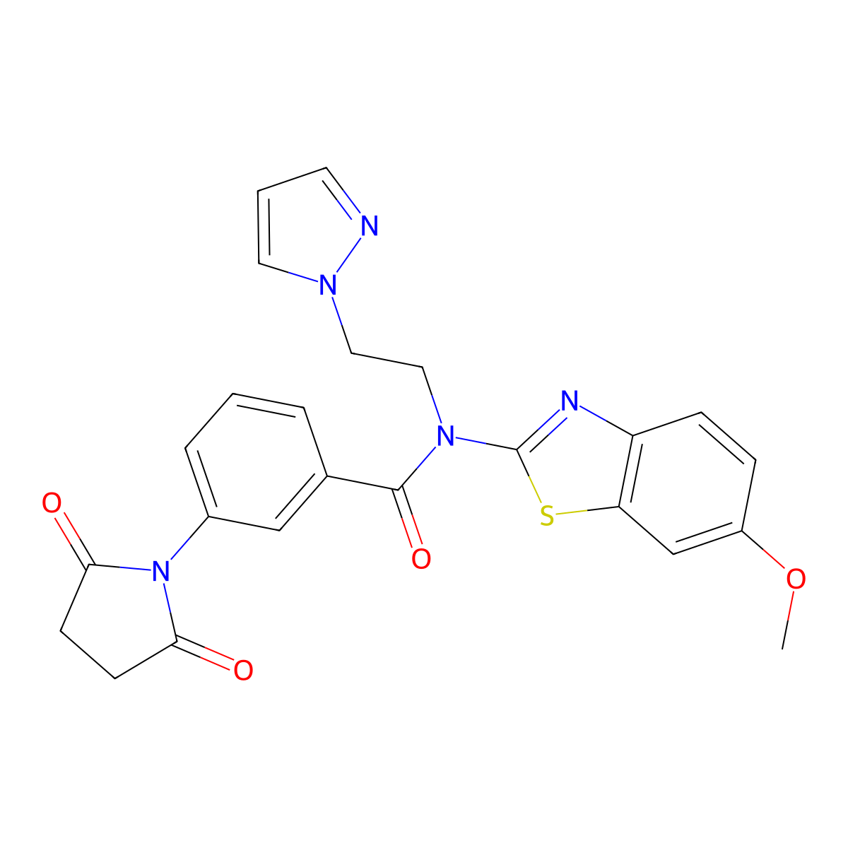 N-(2-(1H-pyrazol-1-yl)ethyl)-3-(2,5-dioxopyrrolidin-1-yl)-N-(6-methoxybenzo[d]thiazol-2-yl)benzamide molecular structure, CAS 1170508-90-3