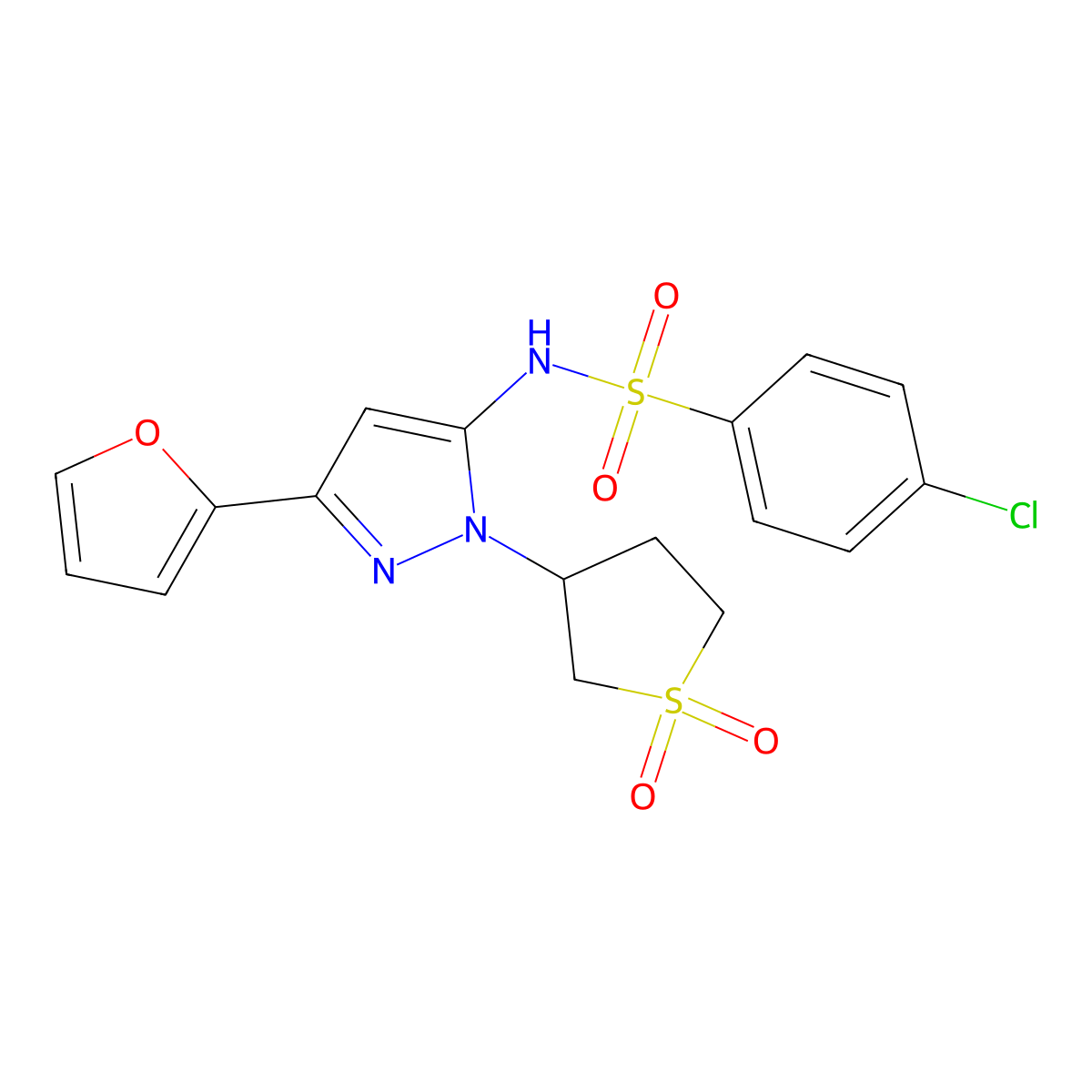 4-chloro-N-(1-(1,1-dioxidotetrahydrothiophen-3-yl)-3-(furan-2-yl)-1H-pyrazol-5-yl)benzenesulfonamide molecular structure, CAS 1170509-27-9