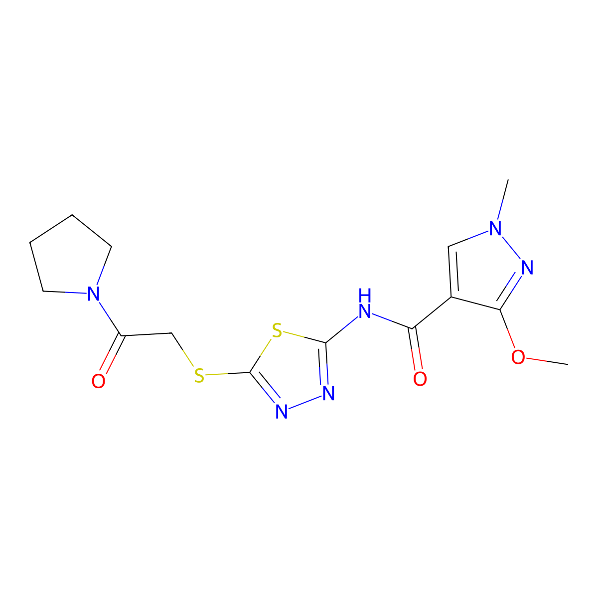 3-methoxy-1-methyl-N-(5-((2-oxo-2-(pyrrolidin-1-yl)ethyl)thio)-1,3,4-thiadiazol-2-yl)-1H-pyrazole-4-carboxamide molecular structure, CAS 1170512-83-0