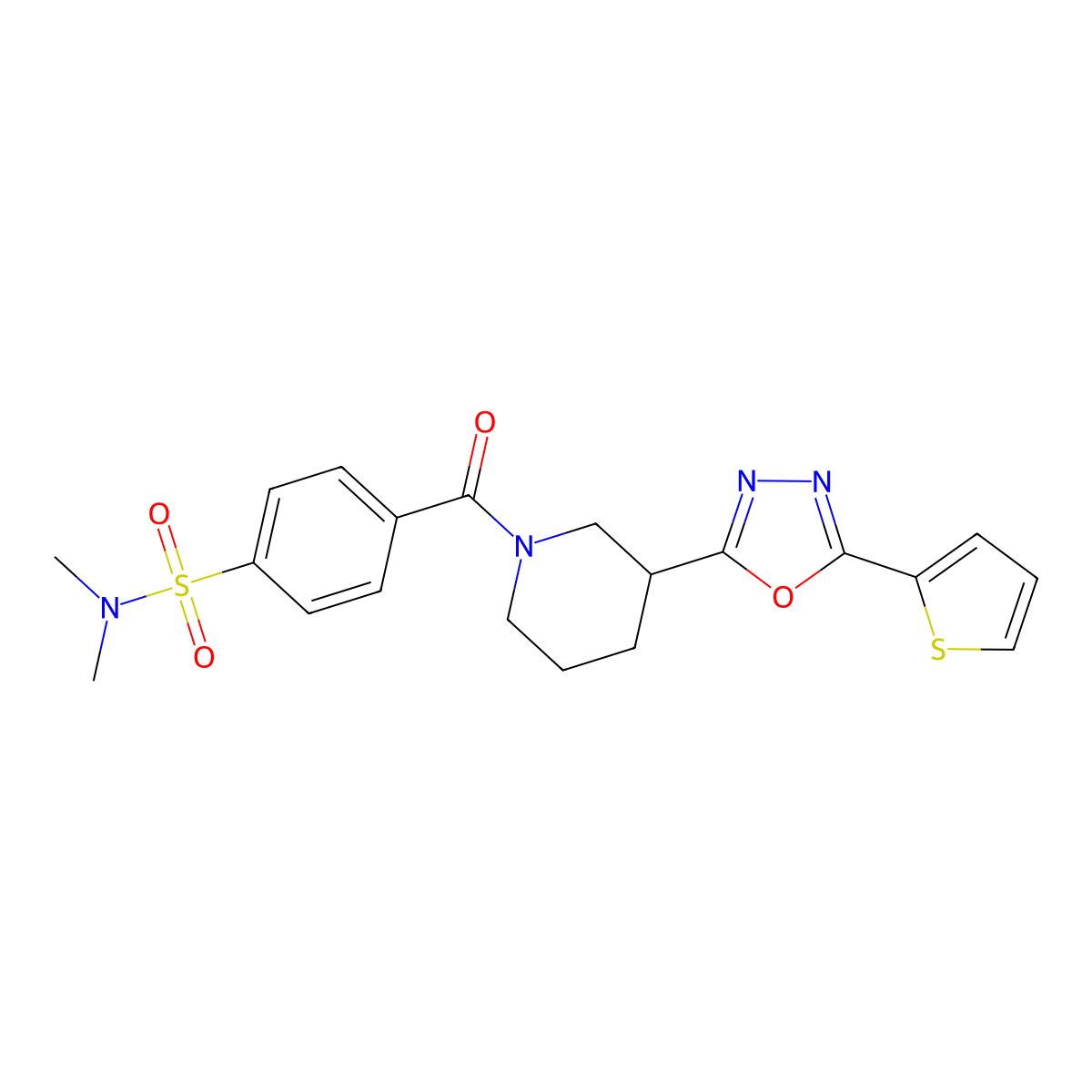 N,N-dimethyl-4-(3-(5-(thiophen-2-yl)-1,3,4-oxadiazol-2-yl)piperidine-1-carbonyl)benzenesulfonamide molecular structure, CAS 1170514-47-2