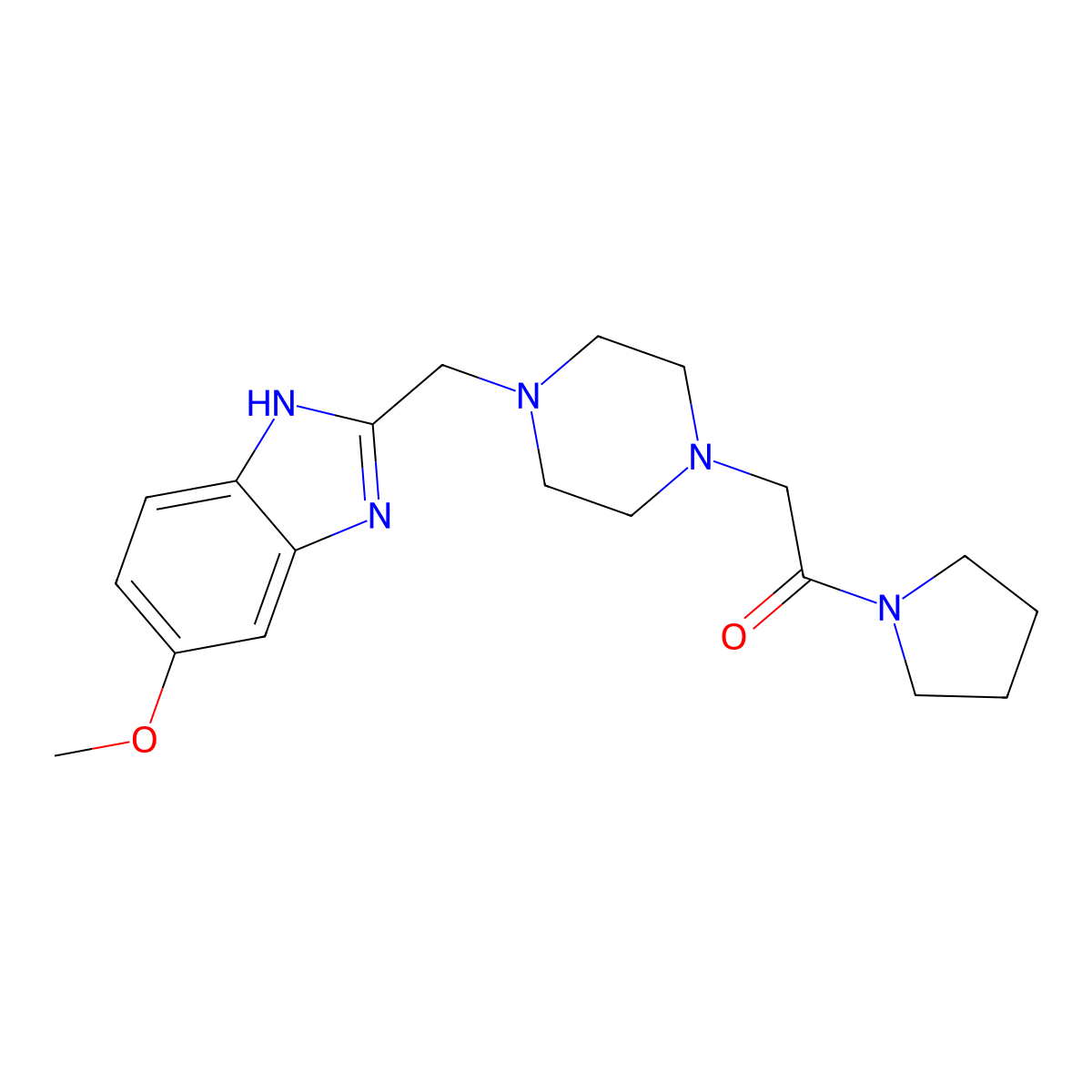 2-(4-((5-methoxy-1H-benzo[d]imidazol-2-yl)methyl)piperazin-1-yl)-1-(pyrrolidin-1-yl)ethanone molecular structure, CAS 1170514-95-0