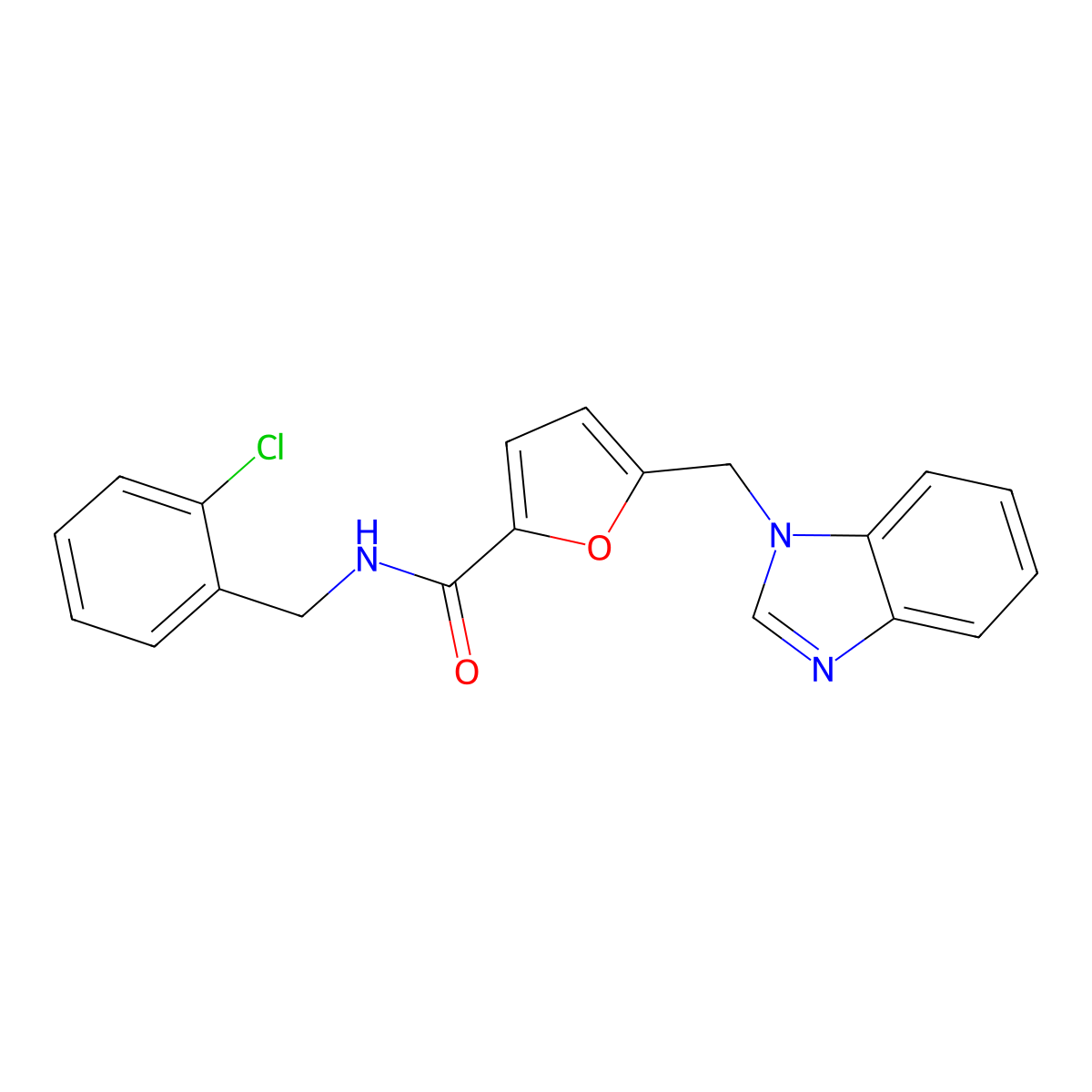 5-((1H-benzo[d]imidazol-1-yl)methyl)-N-(2-chlorobenzyl)furan-2-carboxamide molecular structure, CAS 1170518-75-8