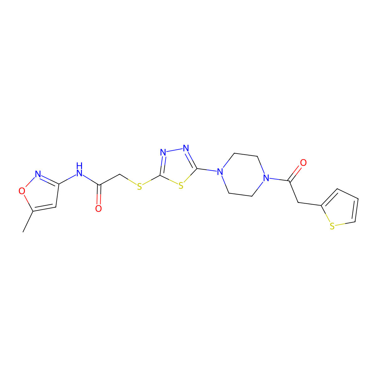 N-(5-methylisoxazol-3-yl)-2-((5-(4-(2-(thiophen-2-yl)acetyl)piperazin-1-yl)-1,3,4-thiadiazol-2-yl)thio)acetamide molecular structure, CAS 1170520-62-3
