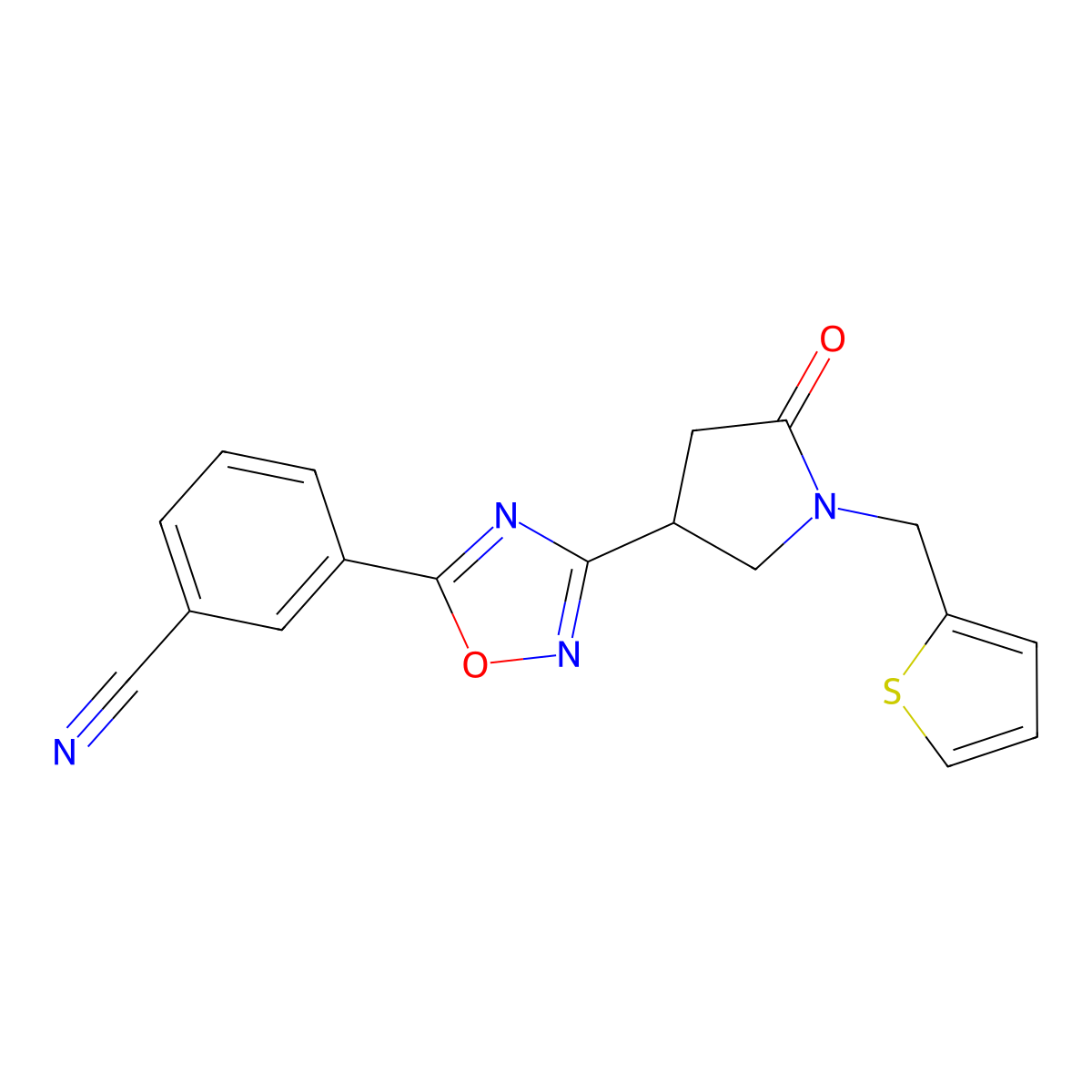 3-(3-(5-Oxo-1-(thiophen-2-ylmethyl)pyrrolidin-3-yl)-1,2,4-oxadiazol-5-yl)benzonitrile molecular structure, CAS 1170521-82-0