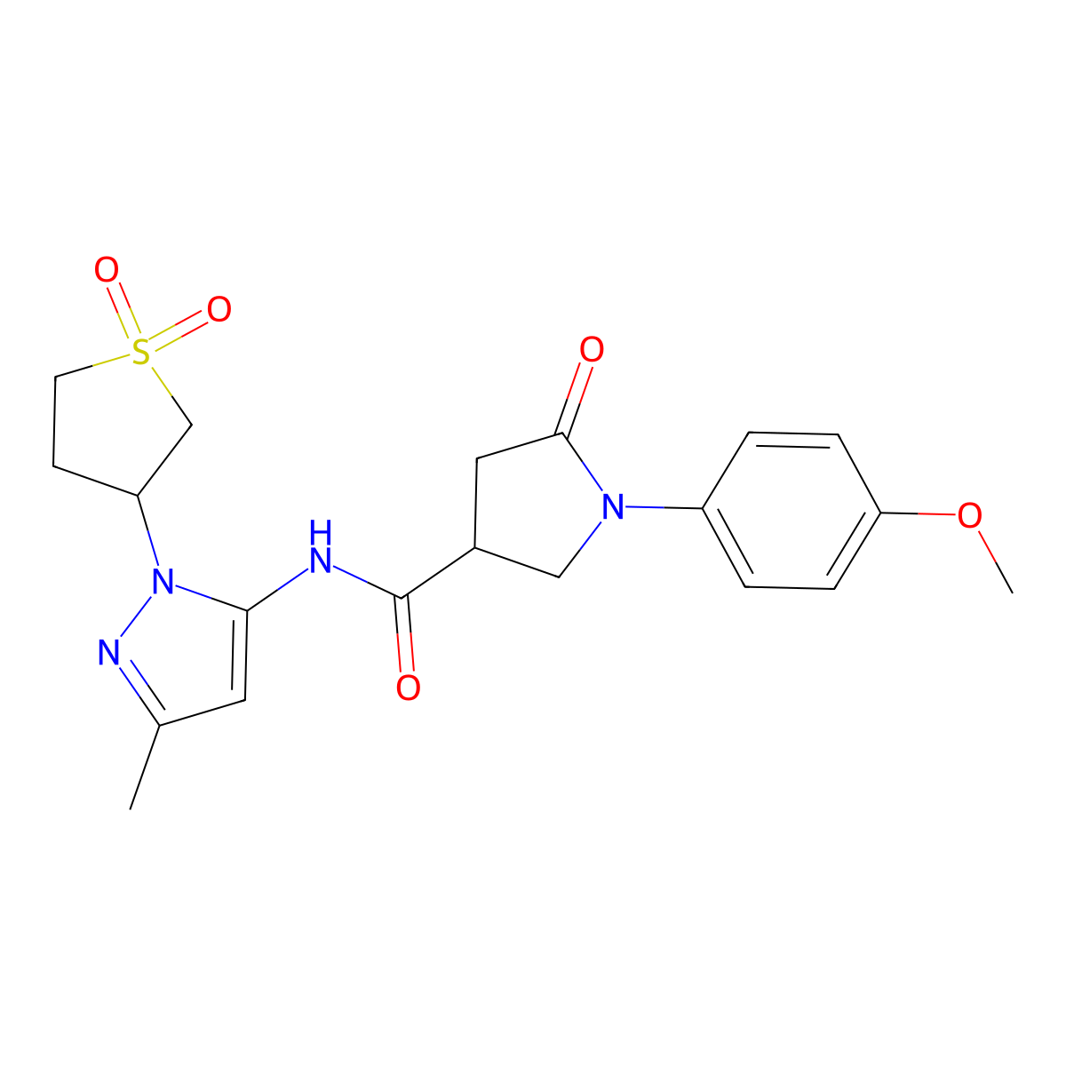 N-(1-(1,1-dioxidotetrahydrothiophen-3-yl)-3-methyl-1H-pyrazol-5-yl)-1-(4-methoxyphenyl)-5-oxopyrrolidine-3-carboxamide molecular structure, CAS 1170524-59-0
