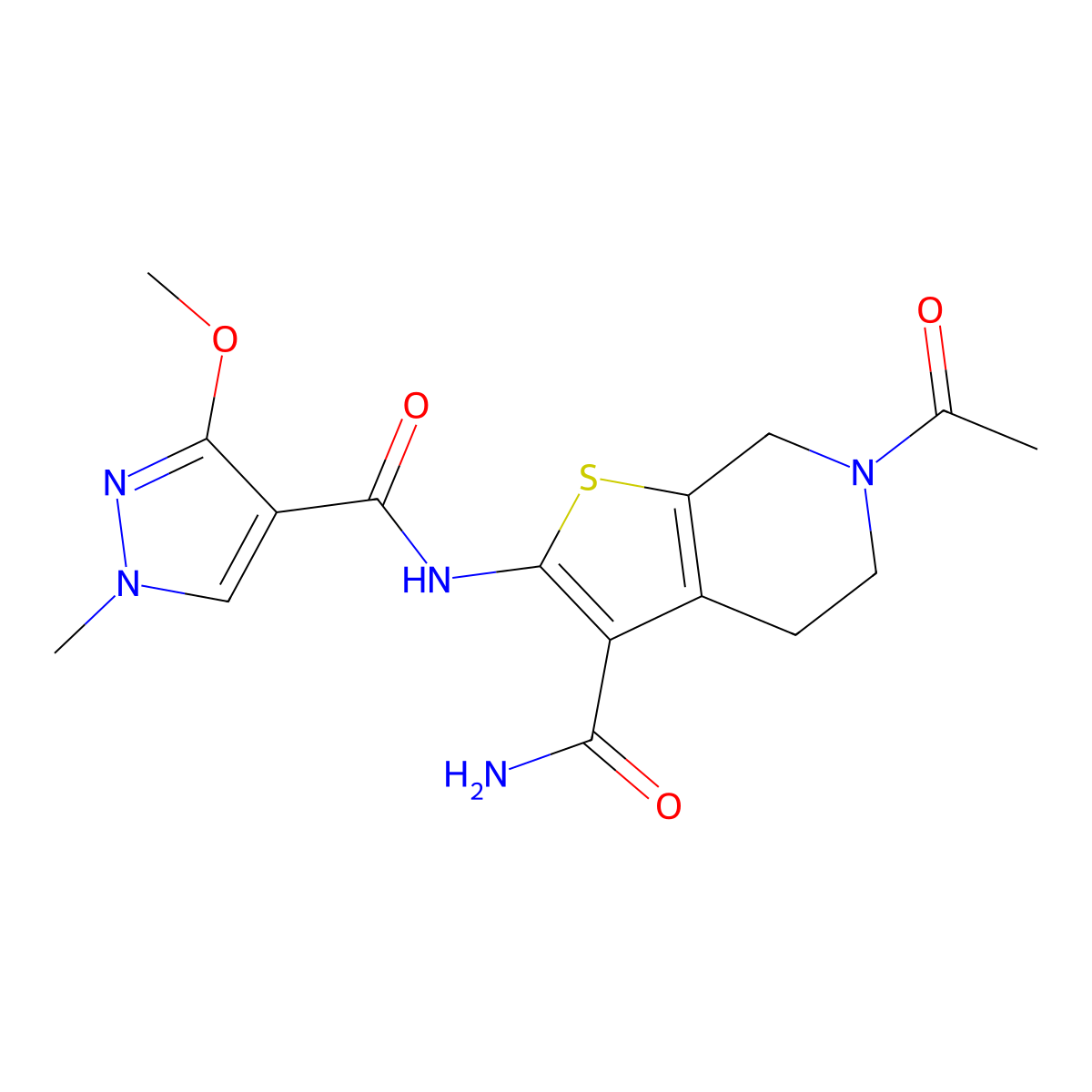 6-acetyl-2-(3-methoxy-1-methyl-1H-pyrazole-4-carboxamido)-4,5,6,7-tetrahydrothieno[2,3-c]pyridine-3-carboxamide molecular structure, CAS 1170525-86-6