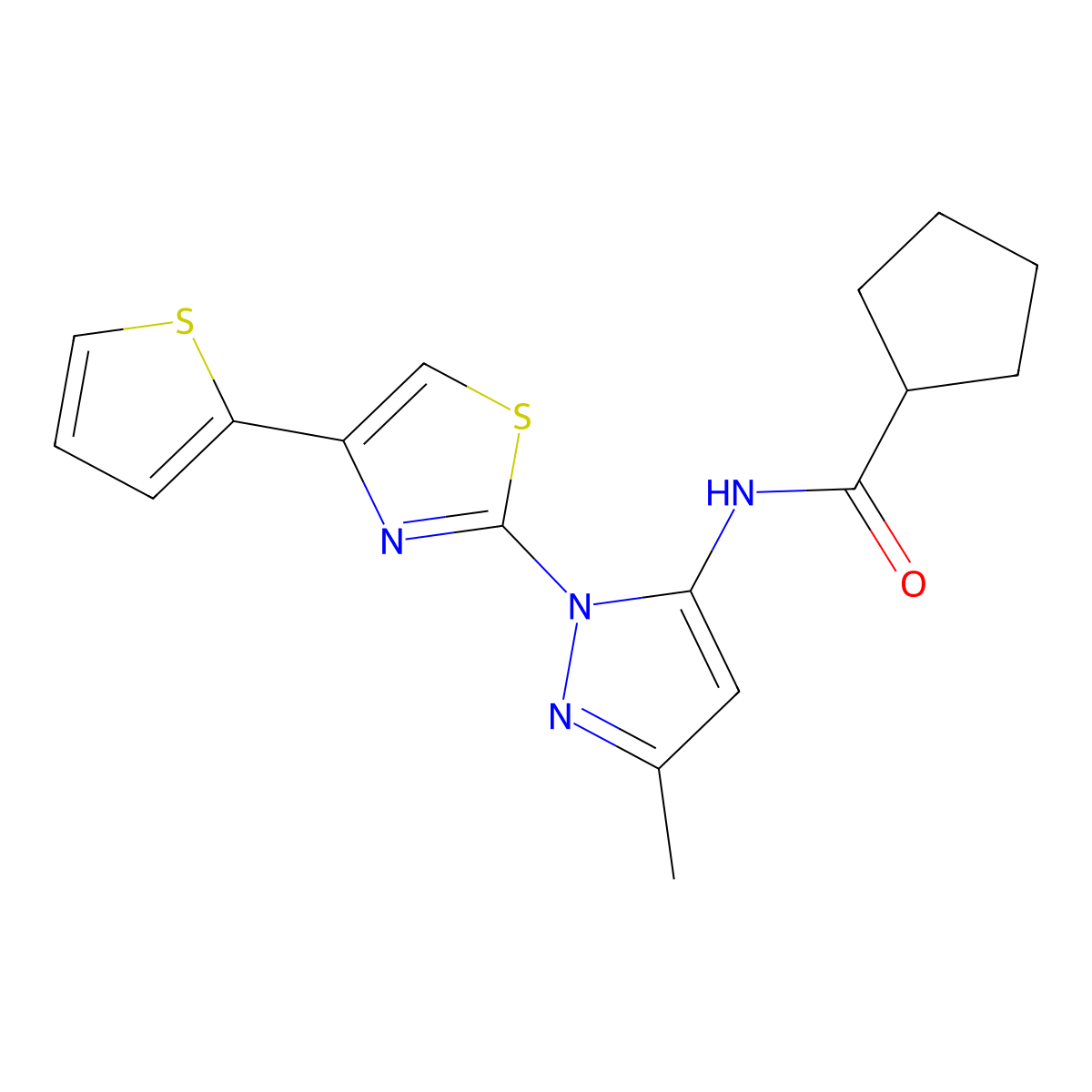 N-(3-methyl-1-(4-(thiophen-2-yl)thiazol-2-yl)-1H-pyrazol-5-yl)cyclopentanecarboxamide molecular structure, CAS 1170528-00-3