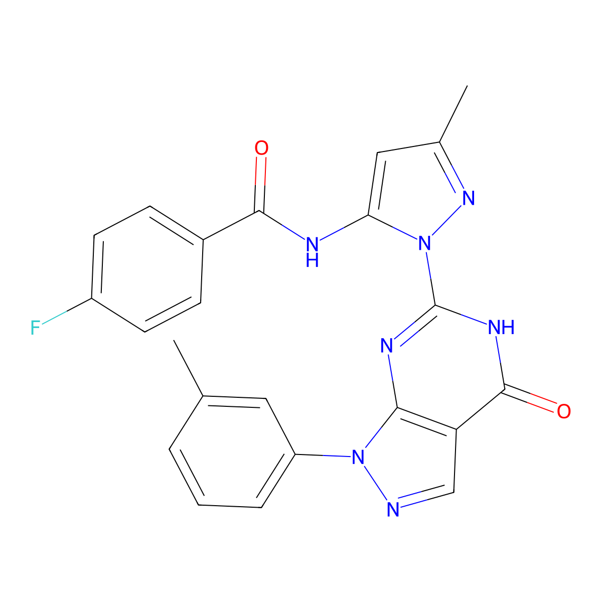 4-fluoro-N-(3-methyl-1-(4-oxo-1-(m-tolyl)-4,5-dihydro-1H-pyrazolo[3,4-d]pyrimidin-6-yl)-1H-pyrazol-5-yl)benzamide molecular structure, CAS 1170528-15-0