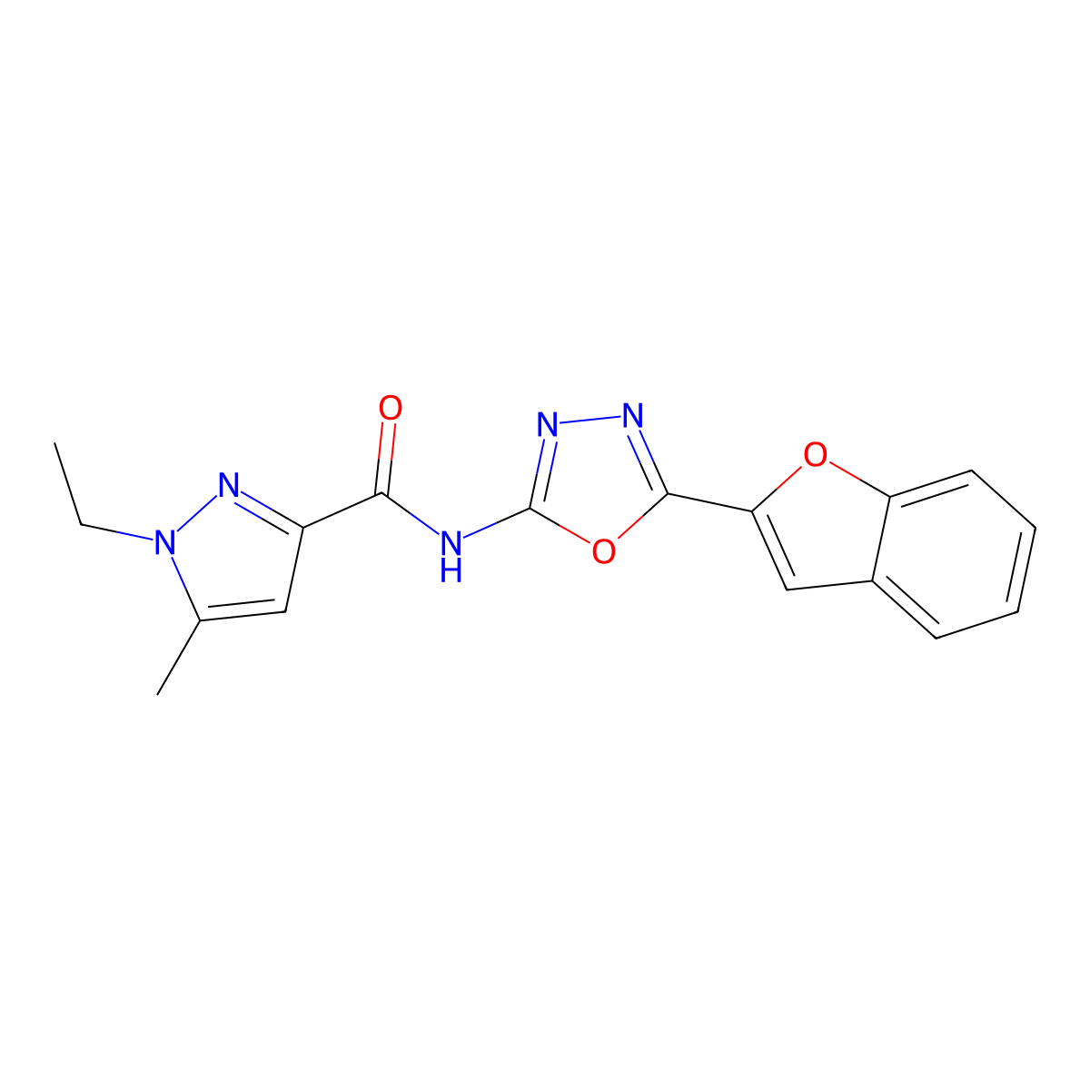 N-[5-(1-benzofuran-2-yl)-1,3,4-oxadiazol-2-yl]-1-ethyl-5-methyl-1H-pyrazole-3-carboxamide molecular structure, CAS 1170530-13-8