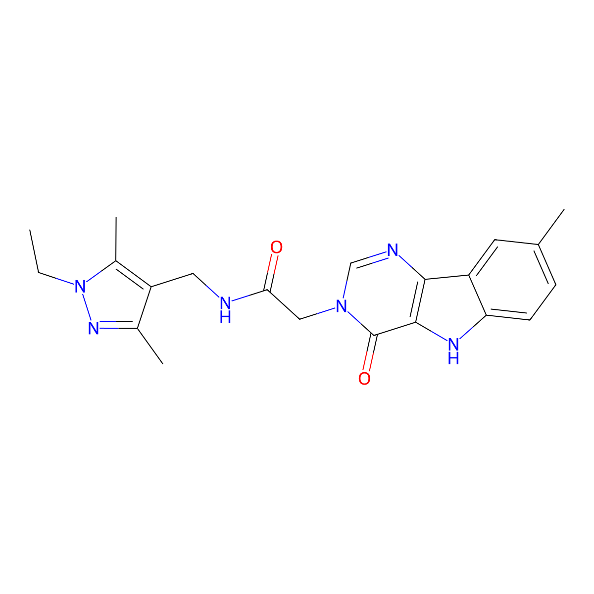 N-((1-ethyl-3,5-dimethyl-1H-pyrazol-4-yl)methyl)-2-(8-methyl-4-oxo-4,5-dihydro-3H-pyrimido[5,4-b]indol-3-yl)acetamide molecular structure, CAS 1170531-48-2