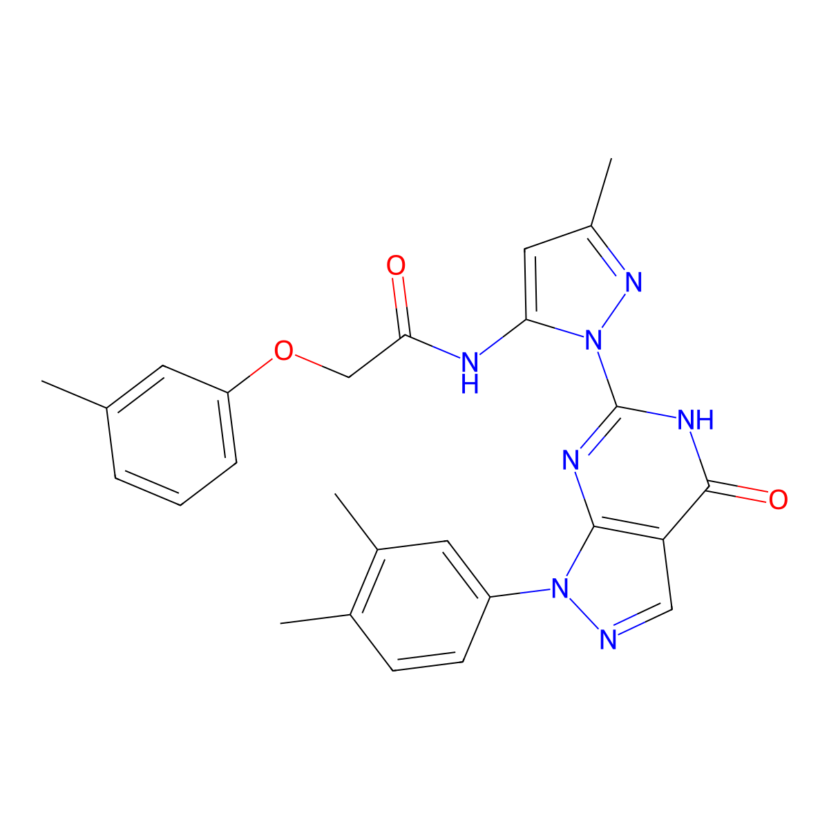 N-(1-(1-(3,4-dimethylphenyl)-4-oxo-4,5-dihydro-1H-pyrazolo[3,4-d]pyrimidin-6-yl)-3-methyl-1H-pyrazol-5-yl)-2-(m-tolyloxy)acetamide molecular structure, CAS 1170534-41-4