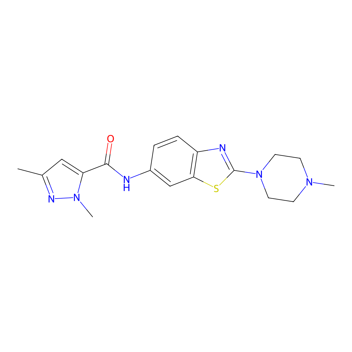 1,3-dimethyl-N-(2-(4-methylpiperazin-1-yl)benzo[d]thiazol-6-yl)-1H-pyrazole-5-carboxamide molecular structure, CAS 1170535-69-9
