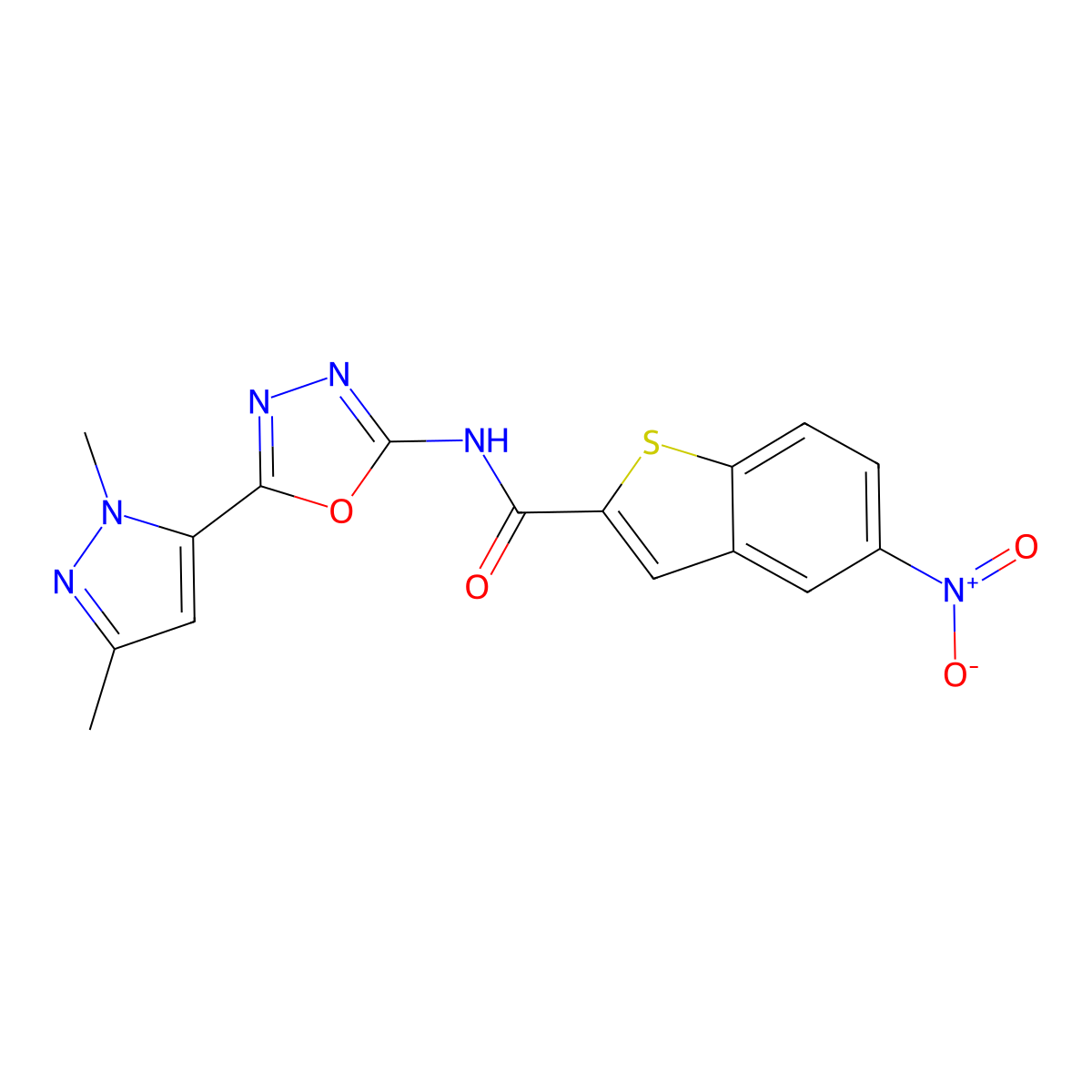 N-(5-(1,3-dimethyl-1H-pyrazol-5-yl)-1,3,4-oxadiazol-2-yl)-5-nitrobenzo[b]thiophene-2-carboxamide molecular structure, CAS 1170536-21-6