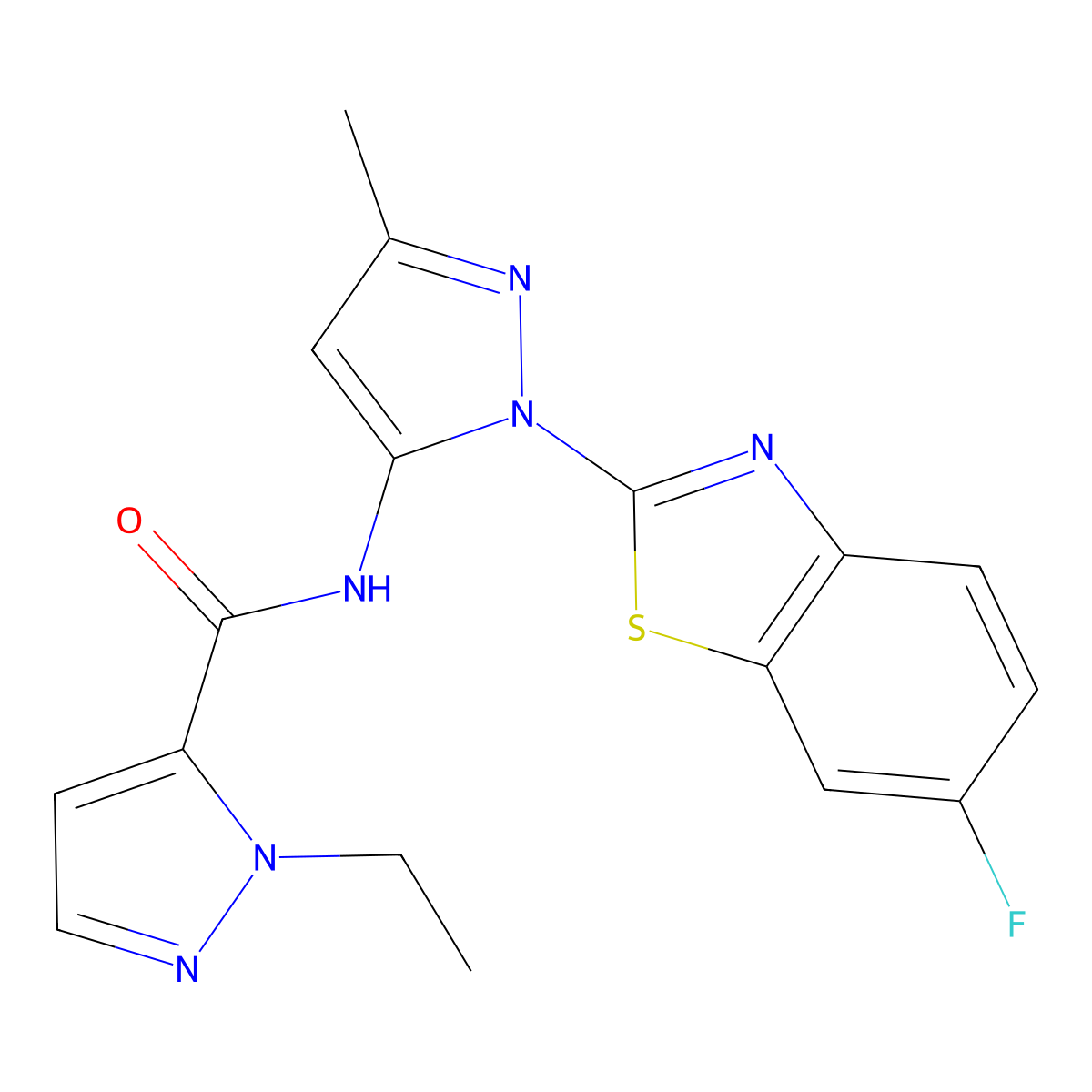 1-ethyl-N-(1-(6-fluorobenzo[d]thiazol-2-yl)-3-methyl-1H-pyrazol-5-yl)-1H-pyrazole-5-carboxamide molecular structure, CAS 1170536-26-1