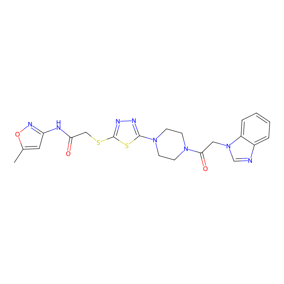 2-((5-(4-(2-(1H-benzo[d]imidazol-1-yl)acetyl)piperazin-1-yl)-1,3,4-thiadiazol-2-yl)thio)-N-(5-methylisoxazol-3-yl)acetamide molecular structure, CAS 1170537-63-9