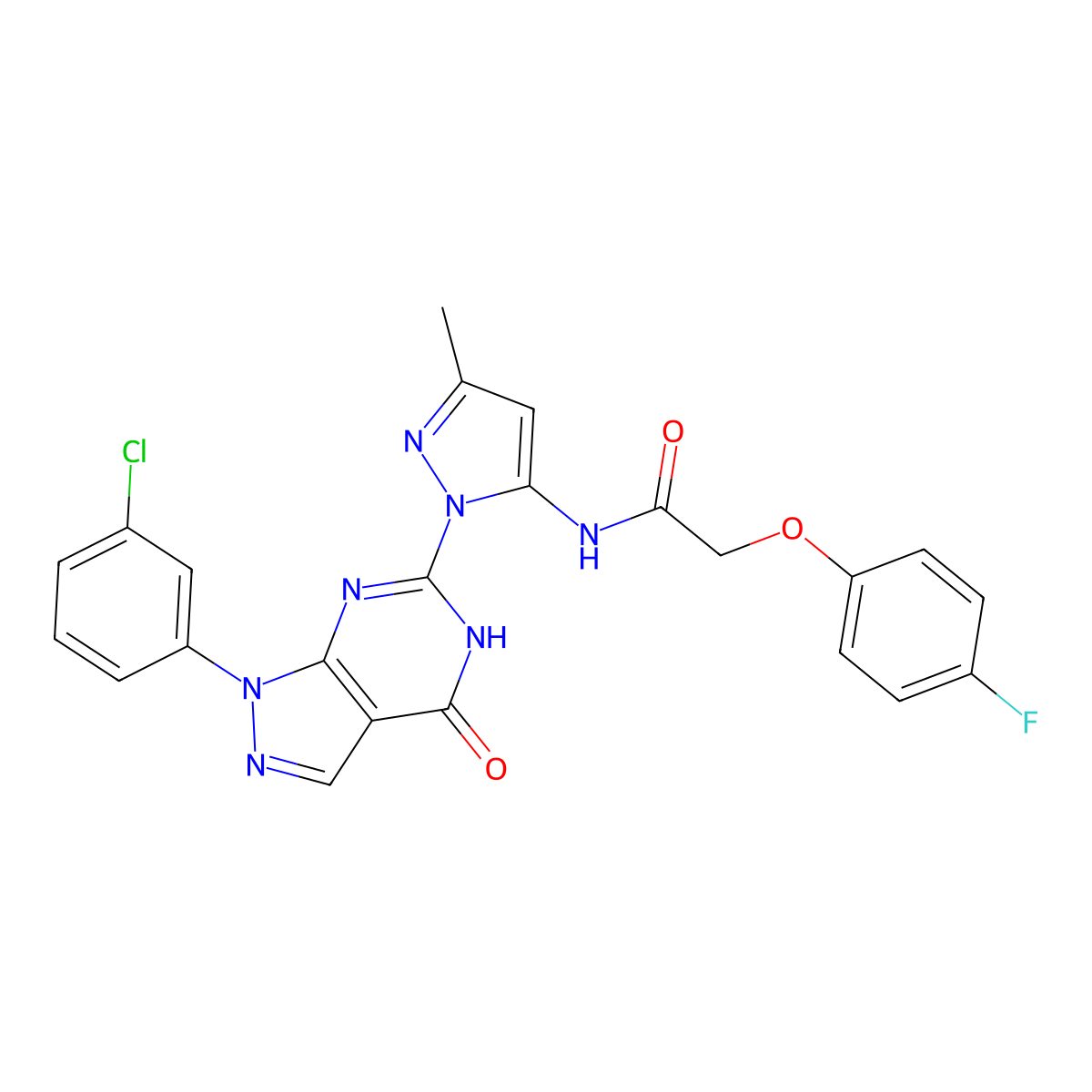 N-(1-(1-(3-chlorophenyl)-4-oxo-4,5-dihydro-1H-pyrazolo[3,4-d]pyrimidin-6-yl)-3-methyl-1H-pyrazol-5-yl)-2-(4-fluorophenoxy)acetamide molecular structure, CAS 1170538-59-6