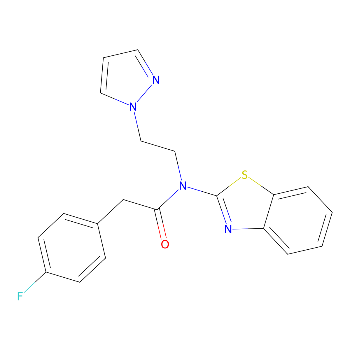 N-(1,3-benzothiazol-2-yl)-2-(4-fluorophenyl)-N-[2-(1H-pyrazol-1-yl)ethyl]acetamide molecular structure, CAS 1170539-02-2