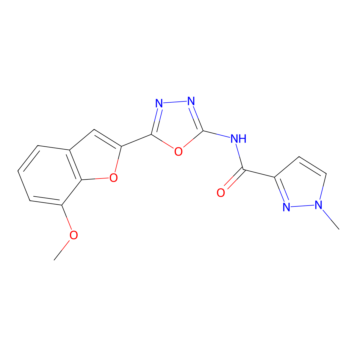 N-(5-(7-methoxybenzofuran-2-yl)-1,3,4-oxadiazol-2-yl)-1-methyl-1H-pyrazole-3-carboxamide molecular structure, CAS 1170540-82-5