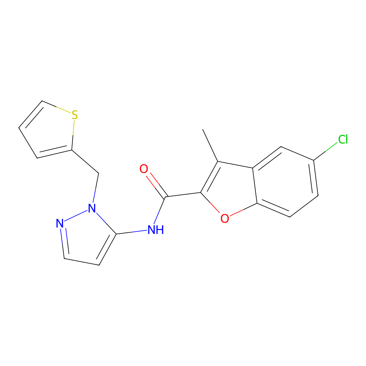 5-chloro-3-methyl-N-[1-(thiophen-2-ylmethyl)-1H-pyrazol-5-yl]-1-benzofuran-2-carboxamide molecular structure, CAS 1170540-88-1