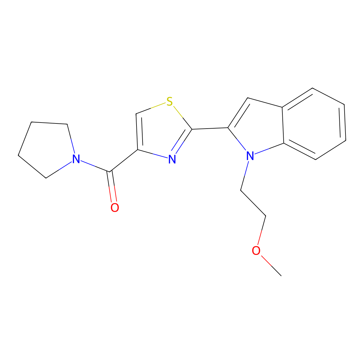 (2-(1-(2-methoxyethyl)-1H-indol-2-yl)thiazol-4-yl)(pyrrolidin-1-yl)methanone molecular structure, CAS 1170542-53-6