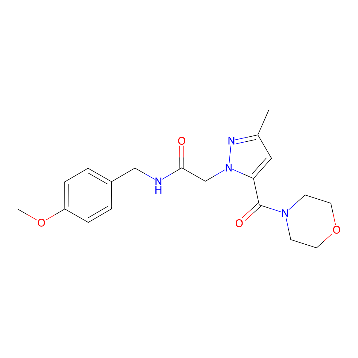 N-(4-methoxybenzyl)-2-(3-methyl-5-(morpholine-4-carbonyl)-1H-pyrazol-1-yl)acetamide molecular structure, CAS 1170546-07-2
