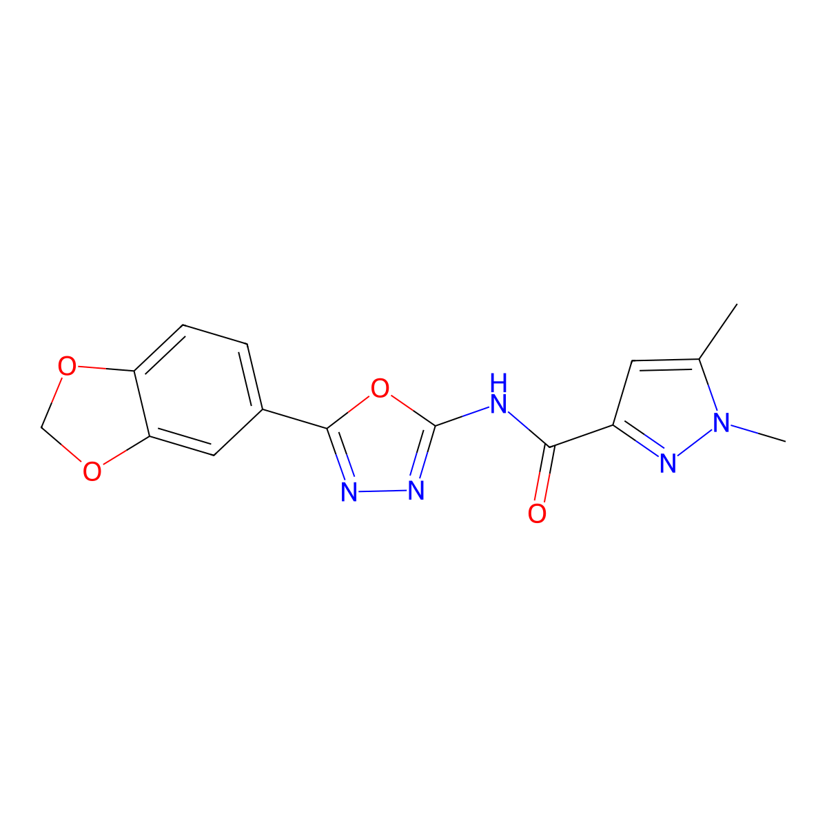N-(5-(benzo[d][1,3]dioxol-5-yl)-1,3,4-oxadiazol-2-yl)-1,5-dimethyl-1H-pyrazole-3-carboxamide molecular structure, CAS 1170547-37-1