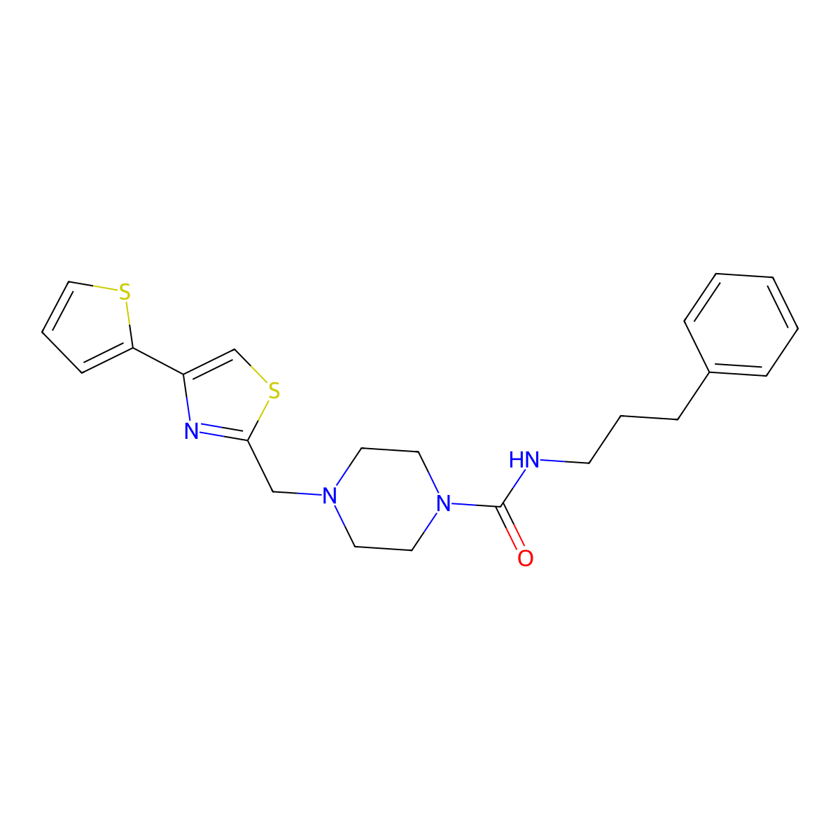 N-(3-phenylpropyl)-4-((4-(thiophen-2-yl)thiazol-2-yl)methyl)piperazine-1-carboxamide molecular structure, CAS 1170547-39-3